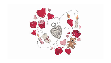 Love's Adoration: A heart-shaped arrangement of charming elements, conveying sentiments of affection with gifts, teddy bear, heart-shaped balloons, and candles.