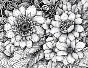 Detailed Black and White Floral Illustration.