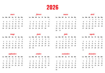 Vector simple calendar in red and black colors on a white background in Spanish for 2026