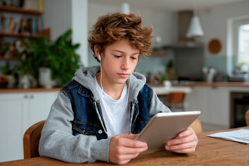Student learning with tablet and earbuds, virtual education