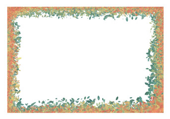 Watercolor floral frame with soft green and orange leaves forming a decorative border on white background. Elegant botanical design ideal for invitations, posters, branding, greeting cards, and nature