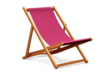 Deck chair with a magenta cloth seat and a natural wood folding frame. Ready for sunbathing, holidays, and seaside trips
