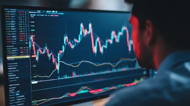 Trader sales man at computer analyzing stock market data on screen. Concept of financial investment, digital trading, and business analytics.