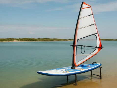 A windsurf board with a sail stands ready in calm, shallow water. The serene scene suggests a perfect day for water sports.