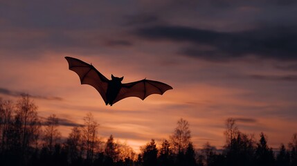 Bat flying in sunset with orange sky and trees
