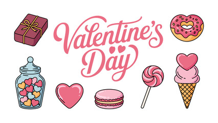 Sweetheart's Valentine Treats: A collection of delightful Valentine's Day treats, including heart-shaped candies, a tempting donut, and a beautiful gift.