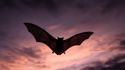 Bat flying in the sky at sunset with pink and purple clouds
