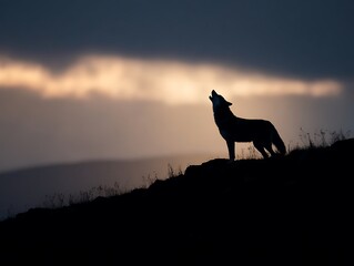 Silhouette of a wolf howling at sunset