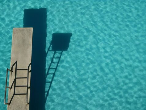 A concrete diving board extends over clear blue pool water. Shadows of the board and ladder stretch across the rippling surface.