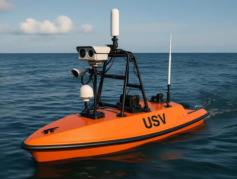 An orange autonomous surface vehicle navigates calm blue ocean waters. Advanced sensors and cameras equip this modern marine drone.