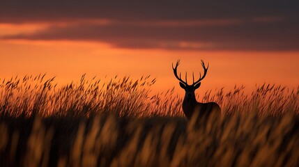 Majestic deer stag in tall grass at sunset