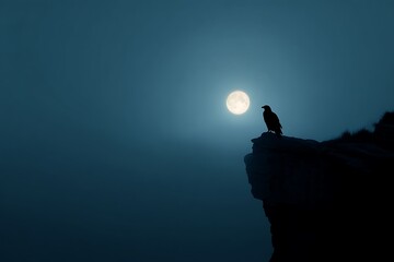 Silhouetted bird perched on cliff edge under full moonlight