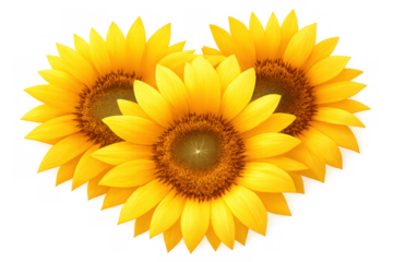 Three sunflowers forming a heart shape, symbolizing love, nature, summer, and warmth on transparent background