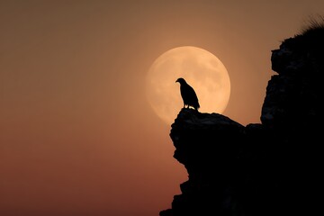 Silhouetted bird perched on rugged cliff edge at sunset with full moon