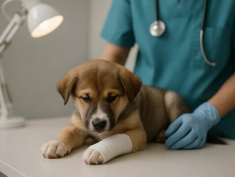 A cute puppy with a bandaged paw rests on an examination table. A veterinarian gently comforts the injured dog during a check-up.