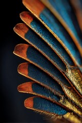 Vibrant blue and orange bird feathers on black background