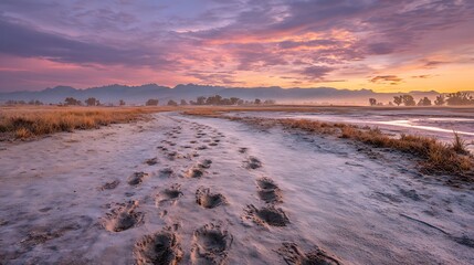 Serene sunset over sandy landscape with footprints
