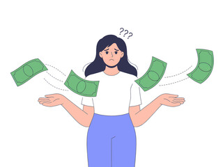 Sad Woman Watching Money Fly Away in Confusion