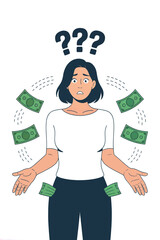 Confused Woman with Empty Pockets and Flying Money