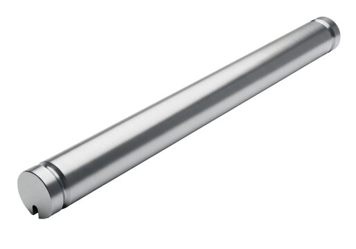 high-detail macro close-up of a precision engineered cylindrical metal dowel of brushed steel with horizontal grain, isolated on a seamless white background concept of industrial perfection and