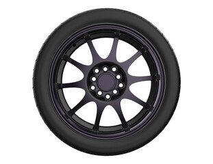 Obraz premium Luxury sports tuning wheel: detailed high-quality 3D rendered illustration of a heavy-duty performance tire and custom dark alloy rim. Automotive graphic element on transparent PNG background.
