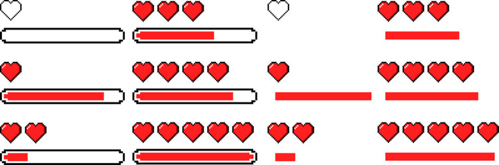 Pixel art health bars with red hearts for video game interfaces and retro game designs, life status indicators at different stages for arcade projects and mobile apps, 