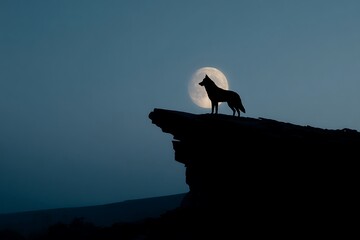 Wolf standing on cliff edge under full moon