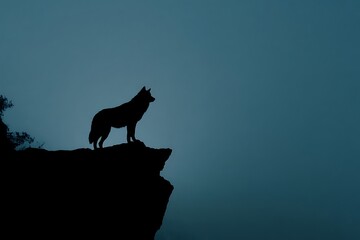 Lone wolf standing on rocky cliff edge at dusk or dawn