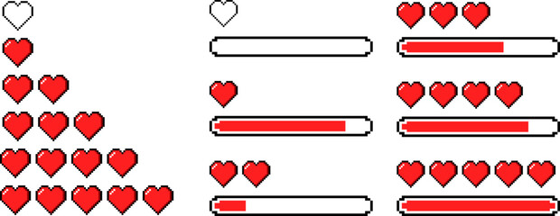 Pixel art style heart health bar collection for retro video games and arcade interfaces, Pixelated life status icons showing different energy levels for game development and UI resources, © Nil