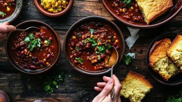 Overhead view of various bowls of chili with cornbread and garnishes