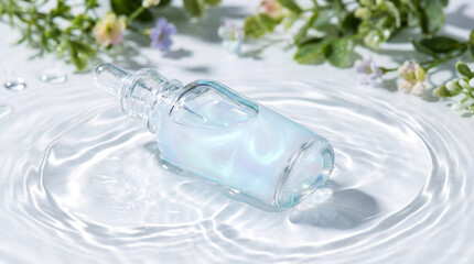 Glass dropper bottle with iridescent liquid resting on water surface surrounded by greenery