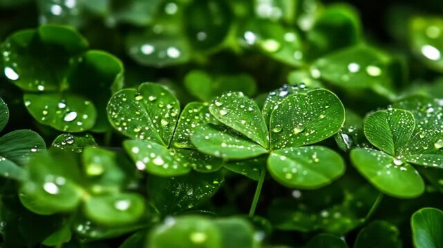 Green clover leaves with water drops close up natural background