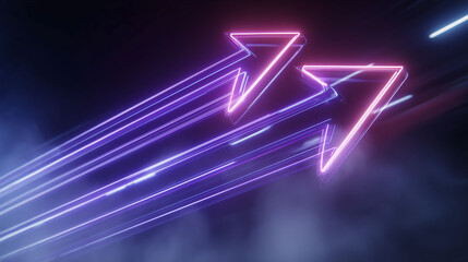Two neon arrows in shades of purple and pink are directed upward, set against a dark backdrop. The arrows convey a sense of movement and progress through their design and color
