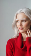 Model with White Eyebrows Exuding Elegance in Red Sweater  