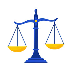 minimalist flat vector illustration of a cerulean blue balance scale with vibrant yellow trays in perfect equilibrium, isolated on a pure white background. concept of impartiality and fairness