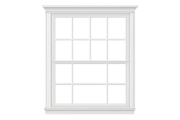 White classic sash window with mullions and molding, realistic architectural element on transparent background