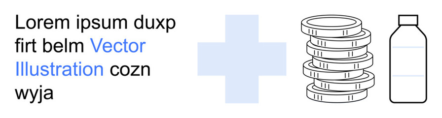 Obraz premium Healthcare costs, pharmaceutical industry, medication pricing, insurance, medical finance, wellness. Cross, stacked coins and medication bottle. Healthcare costs and pharmaceutical industry concept