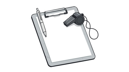 Clipboard with pen and whistle on white background for sports use  