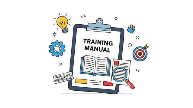 Training manual on clipboard with gears, lightbulb, and target symbols
