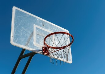 Naklejka premium A clear plastic backboard holding an orange hoop and net, mounted outdoors beneath a sunny bright blue sky ,basket ,metal ,mesh