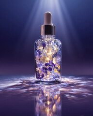 Glass dropper bottle filled with colorful petals illuminated by soft light reflections