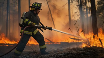 Firefighter in uniform - municipal employee at the job in fire-proof protective clothing with forest fire in background
