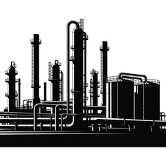 A stark black and white illustration depicts a complex industrial refinery with numerous towers and pipes