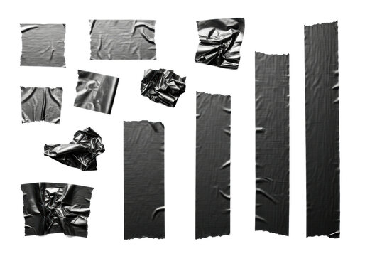 Over fifteen crinkled fragments of silver industrial duct tape, textured and sharply cut, scattered on a stark white background with hard shadows. concept of deconstruction and industrial repair