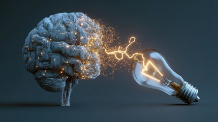 Digital brain generating idea with light bulb