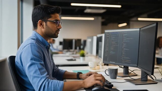 Information technology (IT) and software engineering concept with an app data architect coding on computer screen in office workplace