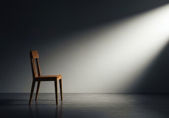 A solitary wooden chair stands empty in a brightly lit, minimalist room, waiting for someone to occupy the quiet, designated space ,unknown ,vacant ,potentiality