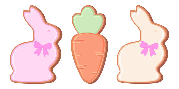 Illustration of Easter gingerbread cookies in the form of bunnies and carrot decorated of sugar icing. Festive flat vector illustration isolated on a white background.