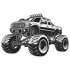 A detailed black and white illustration showcasing a powerful monster truck with oversized tires and chassis © GDMala02