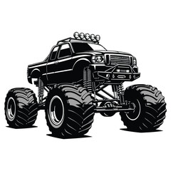A detailed black and white illustration of a powerful monster truck with oversized tires and a robust frame © GDMala02